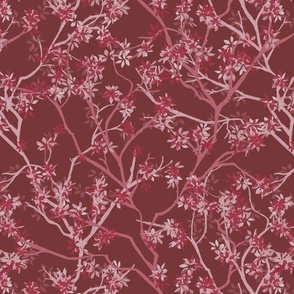 red winding branches with leaves on a dark red background - medium scale