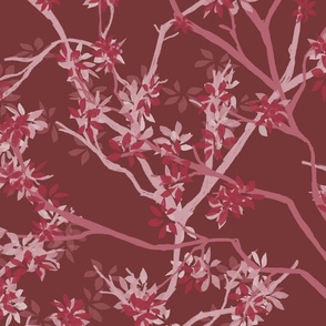 pink winding branches with leaves on a dark red background - large scale