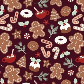 Christmas snacks collection - cutesy gingerbread cookies hot chocolate candy cane and pine branches christmas pudding donuts kids design mint green vintage red on burgundy