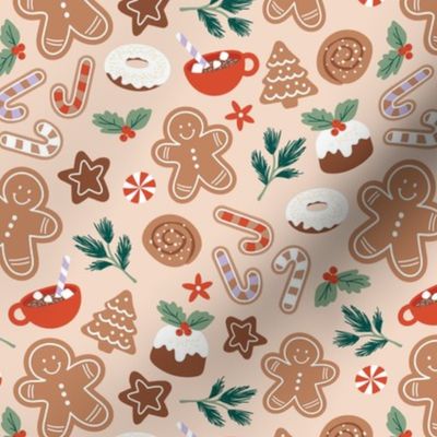 Christmas snacks collection - cutesy gingerbread cookies hot chocolate candy cane and pine branches christmas pudding donuts kids design vintage red green pine sage on sand