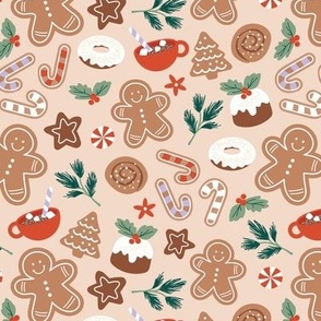 Christmas snacks collection - cutesy gingerbread cookies hot chocolate candy cane and pine branches christmas pudding donuts kids design vintage red green pine sage on sand