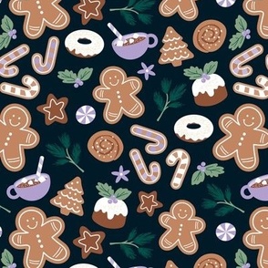 Christmas snacks collection - cutesy gingerbread cookies hot chocolate candy cane and pine branches christmas pudding donuts kids design lilac caramel pine green sage on deep blue