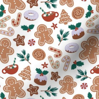 Christmas snacks collection - cutesy gingerbread cookies hot chocolate candy cane and pine branches christmas pudding donuts kids design vintage red lilac pine green on white