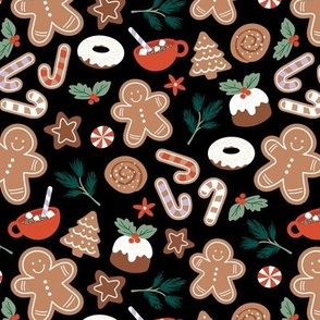 Christmas snacks collection - cutesy gingerbread cookies hot chocolate candy cane and pine branches christmas pudding donuts kids design vintage red sage pine green on black