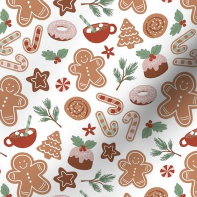 Christmas snacks collection - cutesy gingerbread cookies hot chocolate candy cane and pine branches christmas pudding donuts kids design vintage red sage blush on white