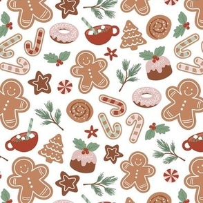 Christmas snacks collection - cutesy gingerbread cookies hot chocolate candy cane and pine branches christmas pudding donuts kids design vintage red sage blush on white