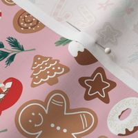 Christmas snacks collection - cutesy gingerbread cookies hot chocolate candy cane and pine branches christmas pudding donuts kids design ruby red sage pine on pink