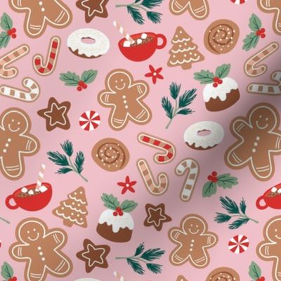 Christmas snacks collection - cutesy gingerbread cookies hot chocolate candy cane and pine branches christmas pudding donuts kids design ruby red sage pine on pink