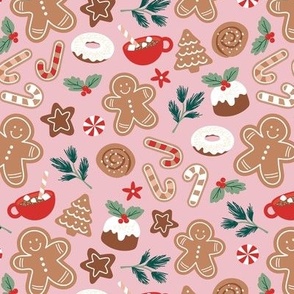 Christmas snacks collection - cutesy gingerbread cookies hot chocolate candy cane and pine branches christmas pudding donuts kids design ruby red sage pine on pink