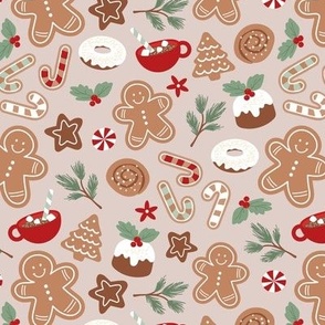 Christmas snacks collection - cutesy gingerbread cookies hot chocolate candy cane and pine branches christmas pudding donuts kids design ruby red sage green olive on sand