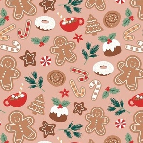 Christmas snacks collection - cutesy gingerbread cookies hot chocolate candy cane and pine branches christmas pudding donuts kids design ruby red green on vintage peach
