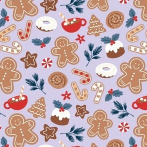 Christmas snacks collection - cutesy gingerbread cookies hot chocolate candy cane and pine branches christmas pudding donuts kids design red blue teal on lilac lavender