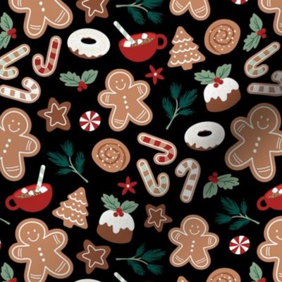 Christmas snacks collection - cutesy gingerbread cookies hot chocolate candy cane and pine branches christmas pudding donuts kids design red green on black