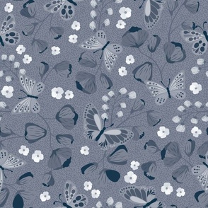 Large Scale Monochromatic Butterflies and Florals Navy Blue Gray Grey