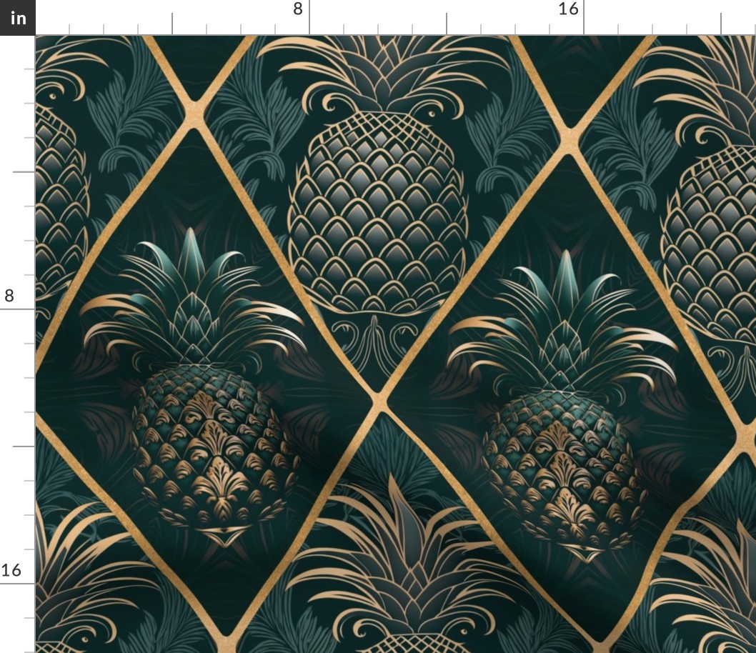 Exquisite Art Deco Design With Pineapple Ornament Teal Gold 