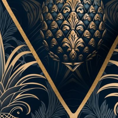 Exquisite Art Deco Design With Pineapple Ornament Midnight Blue Gold 