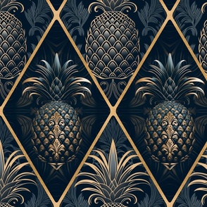 Exquisite Art Deco Design With Pineapple Ornament Midnight Blue Gold 