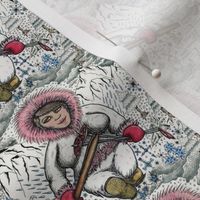 snow girl, small scale, black white pink red blue gray brown beige yellow quirky season snow clouds tree vintage novelty christmas rustic seasonal