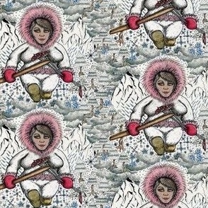 snow girl, small scale, black white pink red blue gray brown beige yellow quirky season snow clouds tree vintage novelty christmas rustic seasonal