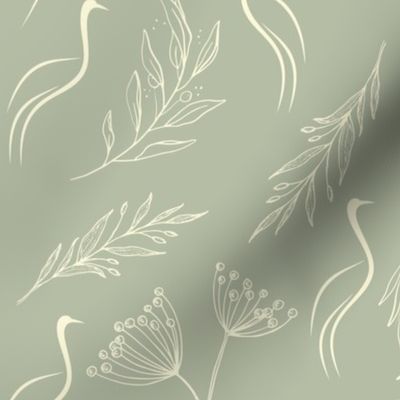 Silver sage minimalist heron birds with dandelions herons wallpaper
