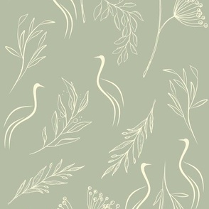 Silver sage minimalist heron birds with dandelions herons wallpaper