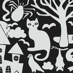 Halloween Damask V1 - Black and White Gothic Spooky Witch Hallow's Eve Dark Pumpkin Cats Moody Halloween - Large