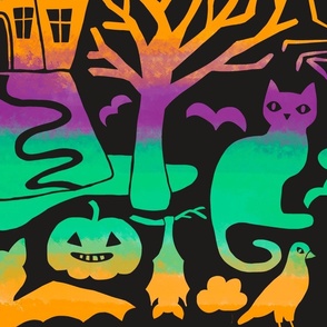Halloween Damask V8 - Neon Rainbow Gothic Spooky Witch Hallow's Eve Dark Pumpkin Cats Moody Halloween - Large
