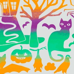 Halloween Damask V2 - Neon Rainbow Gothic Spooky Witch Hallow's Eve Dark Pumpkin Cats Moody Halloween - Large