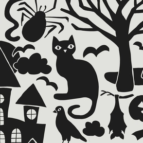 Halloween Damask V1 - Black and White Gothic Spooky Witch Hallow's Eve Dark Pumpkin Cats Moody Halloween - Large