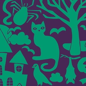 Halloween Damask V3 - Green and Purple Gothic Spooky Witch Hallow's Eve Dark Pumpkin Cats Moody Halloween - Large