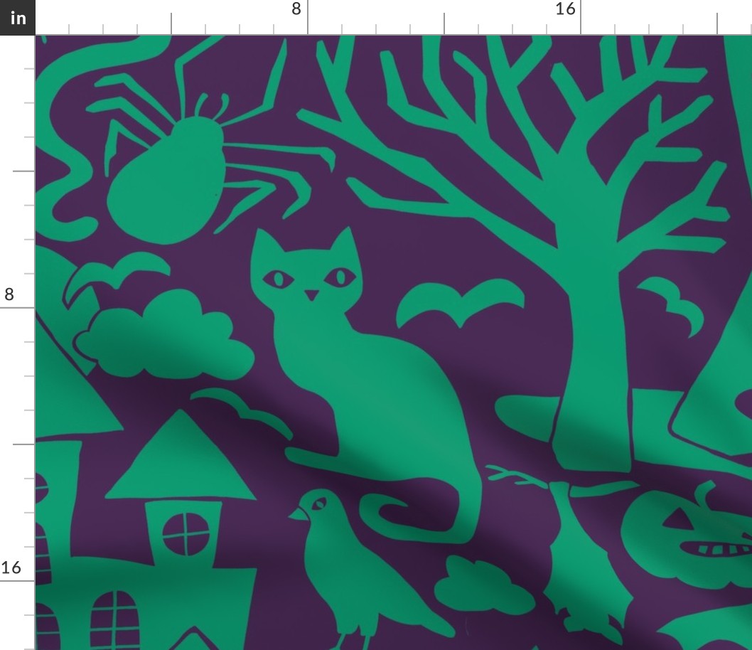 Halloween Damask V3 - Green and Purple Gothic Spooky Witch Hallow's Eve Dark Pumpkin Cats Moody Halloween - Large