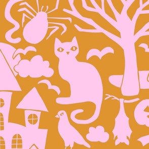 Halloween Damask V6 - Pink and Orange Gothic Spooky Witch Hallow's Eve Dark Pumpkin Cats Moody Halloween - Large