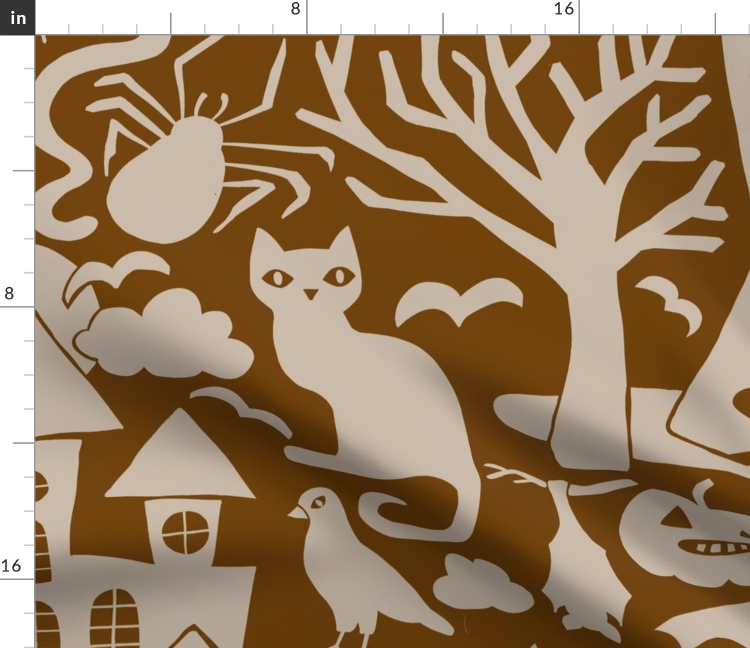 Halloween Damask V7 - Brown and Beige Gothic Spooky Witch Hallow's Eve Dark Pumpkin Cats Moody Halloween - Large