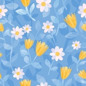 Small Spring Floral Daisies Tulips In Blue Yellow White