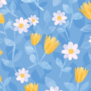 Extra Large Spring Floral Daisies Tulips In Blue Yellow White