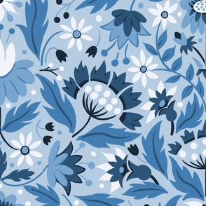 Summer Garden Floral Damask (jumbo) on blue fabric
