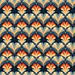Small Art Deco Floral: Vibrant Red, Orange, and Blue Patterns on Dark Blue Background