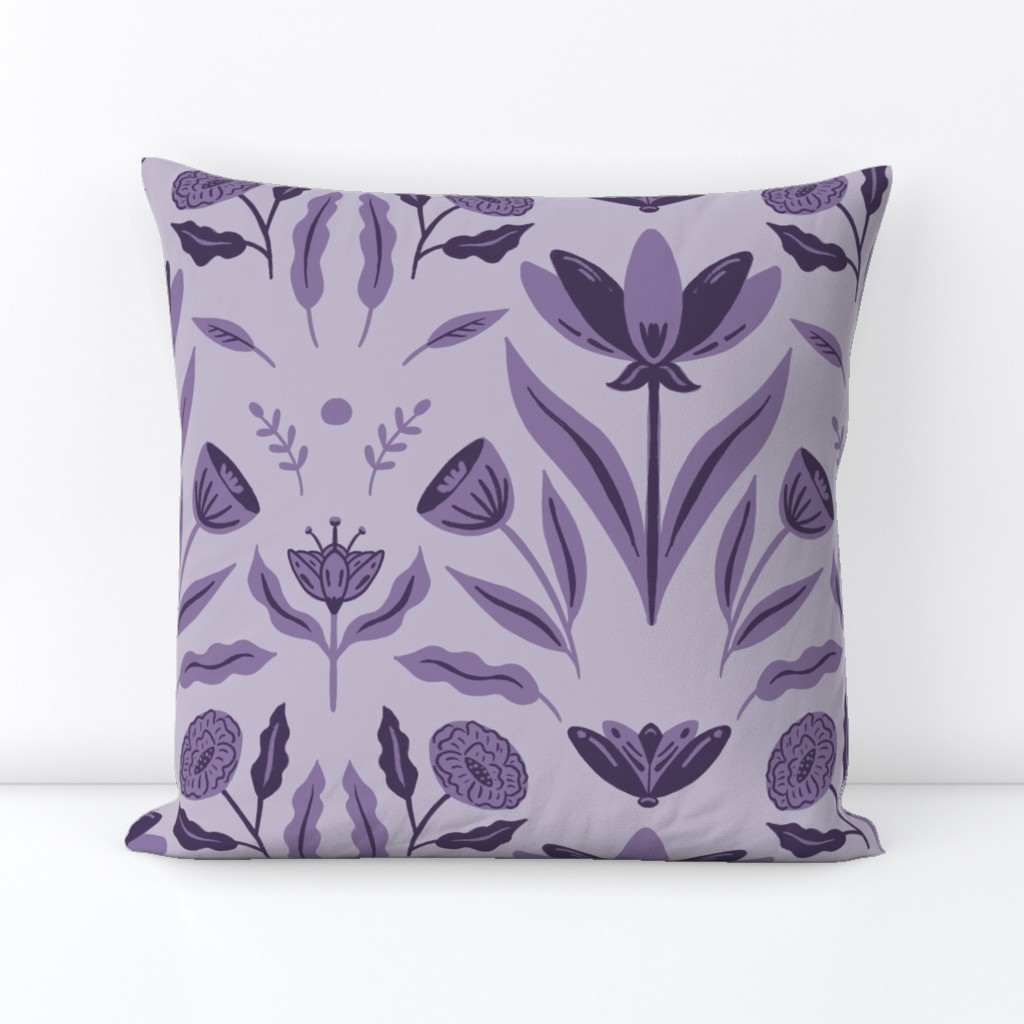 Symmetrical Flowers and Leaves in violet.