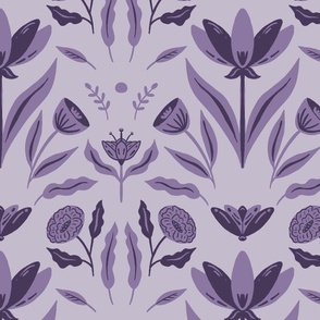 Symmetrical Flowers and Leaves in violet.
