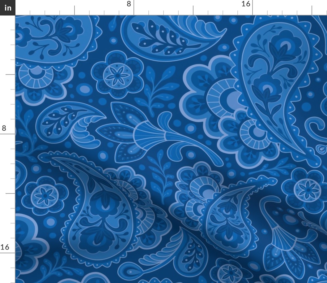 Monochromatic hand drawn preppy cobalt blue paisley - large scale, bedding