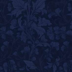 William Morris Style Monochrome Flourish Damask Pattern Midnight Blue Smaller Scale