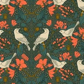 Birds and Blooms with Acorns in the Forest | Small Version | Arts and Crafts Style Pattern in Red and Forest Green