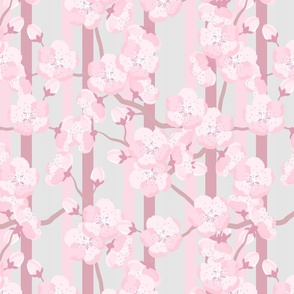 Pink and grey Cherry Blossom stripe / cherries blossoms stripes