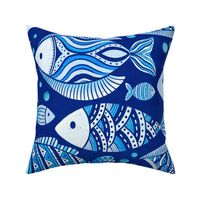 Monochrome maximalist blue Fish in the ocean  - home decor - beach - wallpaper.