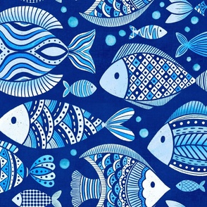 Monochrome maximalist blue Fish in the ocean  - home decor - beach - wallpaper.