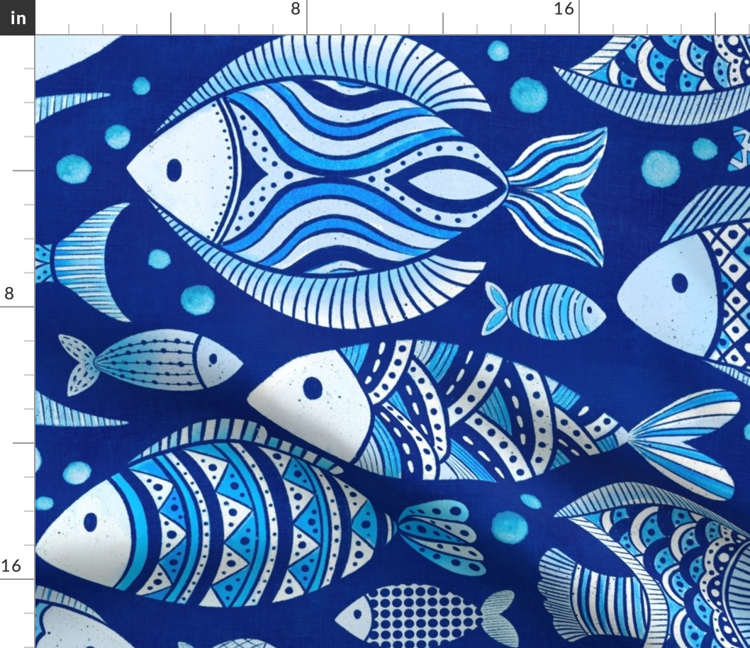 Monochrome maximalist blue Fish in the Fabric