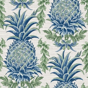 Pineapple Haven – Blue/Green on Agreeable Gray Grasscloth-Linen Wallpaper -New for 2023