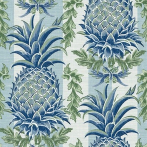 Pineapple Haven – Blue/Green on French-Blue/Cream Stripes Grasscloth-Linen Wallpaper -New