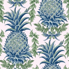 Pineapple Haven – Blue/Green on Pale Pink Linen Wallpaper -New for 2023