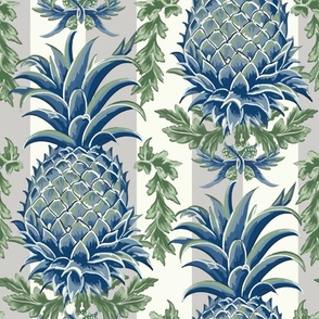 Pineapple Haven – Blue/Green on Cream/Gray Stripes Wallpaper -New 